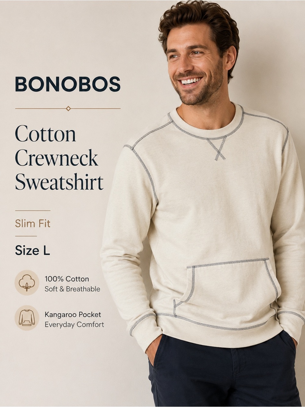 Bonobos Men’s Slim‎ Fit Cotton Kangaroo Pocket Sweatshirt Size L